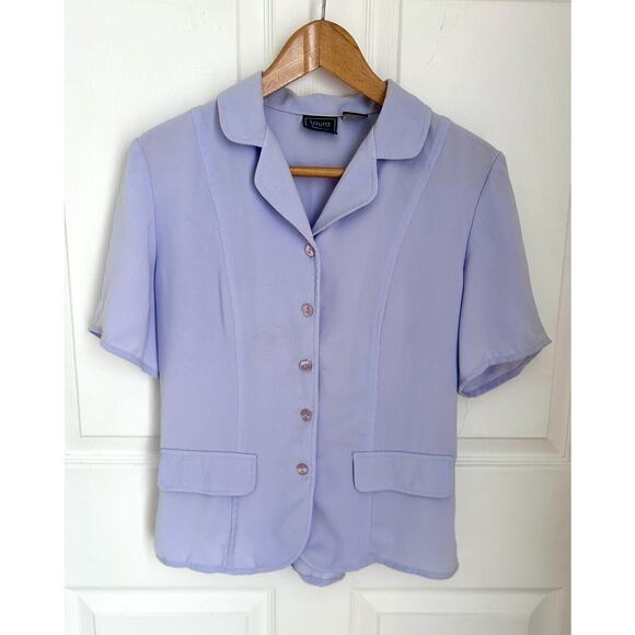 Vintage Women's Violet Short Sleeve Button Down Blouse Size Medium with Tie Back - Picture 2 of 5